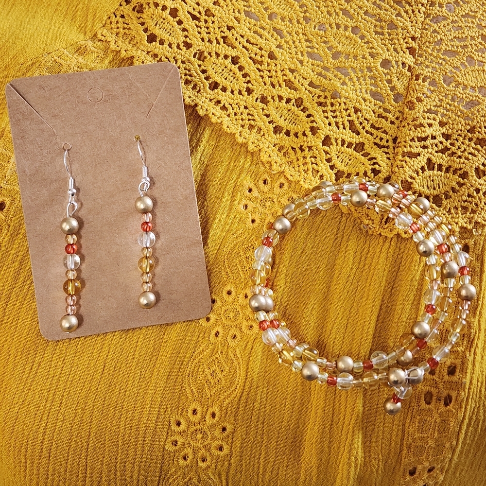 Hand Crafted Bracelet & Earrings Gold, Amber & Coral Colored Beads